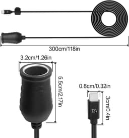 SnelShoppen - USB C naar Sigarettenaansteker Adapter 3M 12V Type-C Female naar Female Verlengkabel voor Dashcam, GPS, Auto LED Verlichting en Ventilat — thumbnail 2