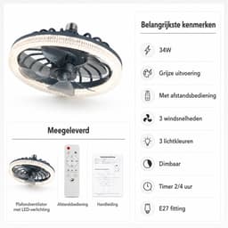 Plafondlamp Met Ventilator - Plafondventilator - E27 Ventilator Met Verlichting - LED Ventilatorlamp - Dimbare Plafondlamp - Ventilator Met Afstandsbediening - Grijs - 34W — thumbnail 5