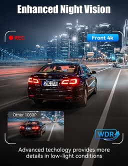 4K dashcam voor en achter, 3-kanaals dashcam met hardwire-kit, 24-uurs parkeerbewaking, 64 GB SD-kaart, Wifi, App, Nachtzicht — thumbnail 2