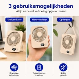 Oplaadbare USB-C Tafelventilator met LED Display, Vouwbaar en Stil, 180° Verstelbare Mini Ventilator voor Kantoor en Thuisgebruik, 2000mAh Accu - Bruin — thumbnail 4