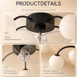Glitzerlife - Plafond ventilator met verlichting Plafondlamp Ventilatorlamp - 5xG9 fitting - Stille plafondventilator DC motor 6 snelheden omkeerbaar - afstandsbediening timerfunctie - modern design metaal PC - Ø57cm - zwart — thumbnail 2