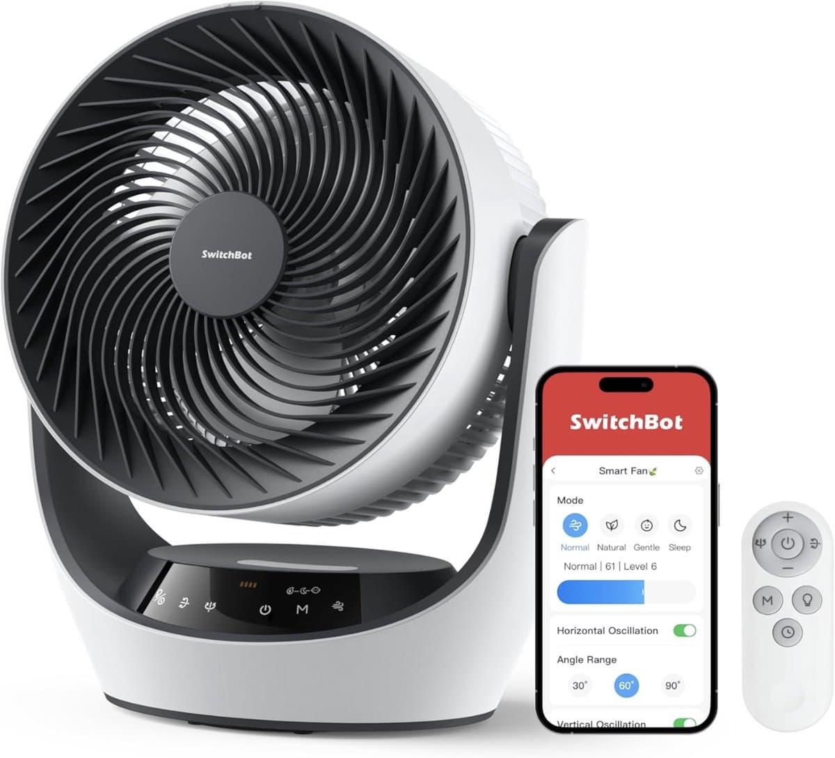 SwitchBot 22dB Draadloze Tafelventilator - Fluisterstille Oplaadbare USB Ventilator met App en Afstandsbediening - Stille Bureau Luchtcirculatie - 4 Standen & Timer - Wit — afbeelding 1