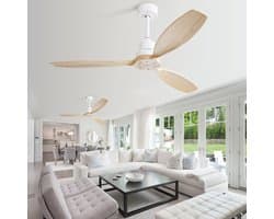 OKWISH Plafondventilator Fluisterstil – 132 Cm – Metaal En Hout – Wit – Zonder Verlichting Met Afstandsbediening En 6 Snelheden