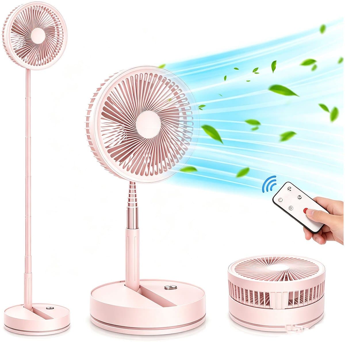 Casalora Opvouwbare vloerventilator – Draagbare ventilator – Reisventilator – Stille bureauventilator – 4 snelheidsstanden – 180 graden verstelbare hoek – Geschikt voor slaapkamer, camping, kantoor en op reis – Roze — afbeelding 1