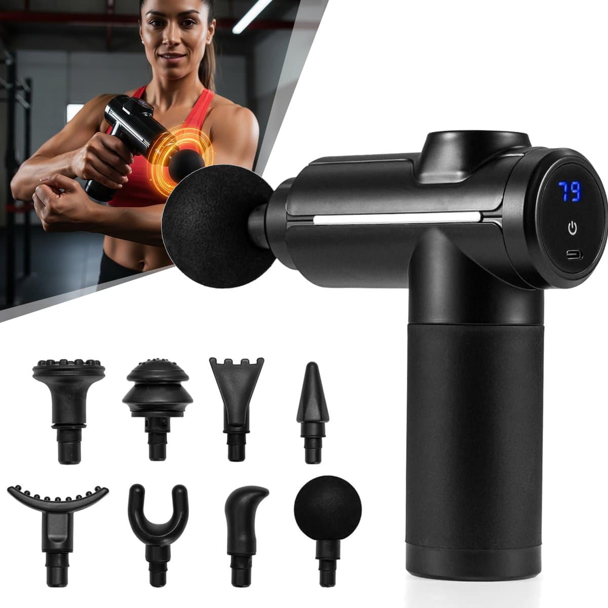 Massagepistool Voor Diepe Weefselmassage - Spierpercussiemassageapparaat - Stille Handmassageapparaten - Met 32 Versnellingen En 8 Koppen — afbeelding 1