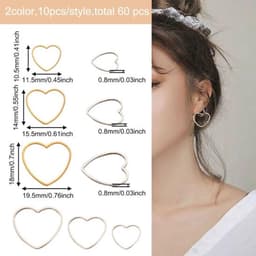 Set van 60 roestvrijstalen holle hartvormige bedelhangers in goud en zilver, met oorbelringen in 3 maten voor het maken van DIY sieraden — thumbnail 4