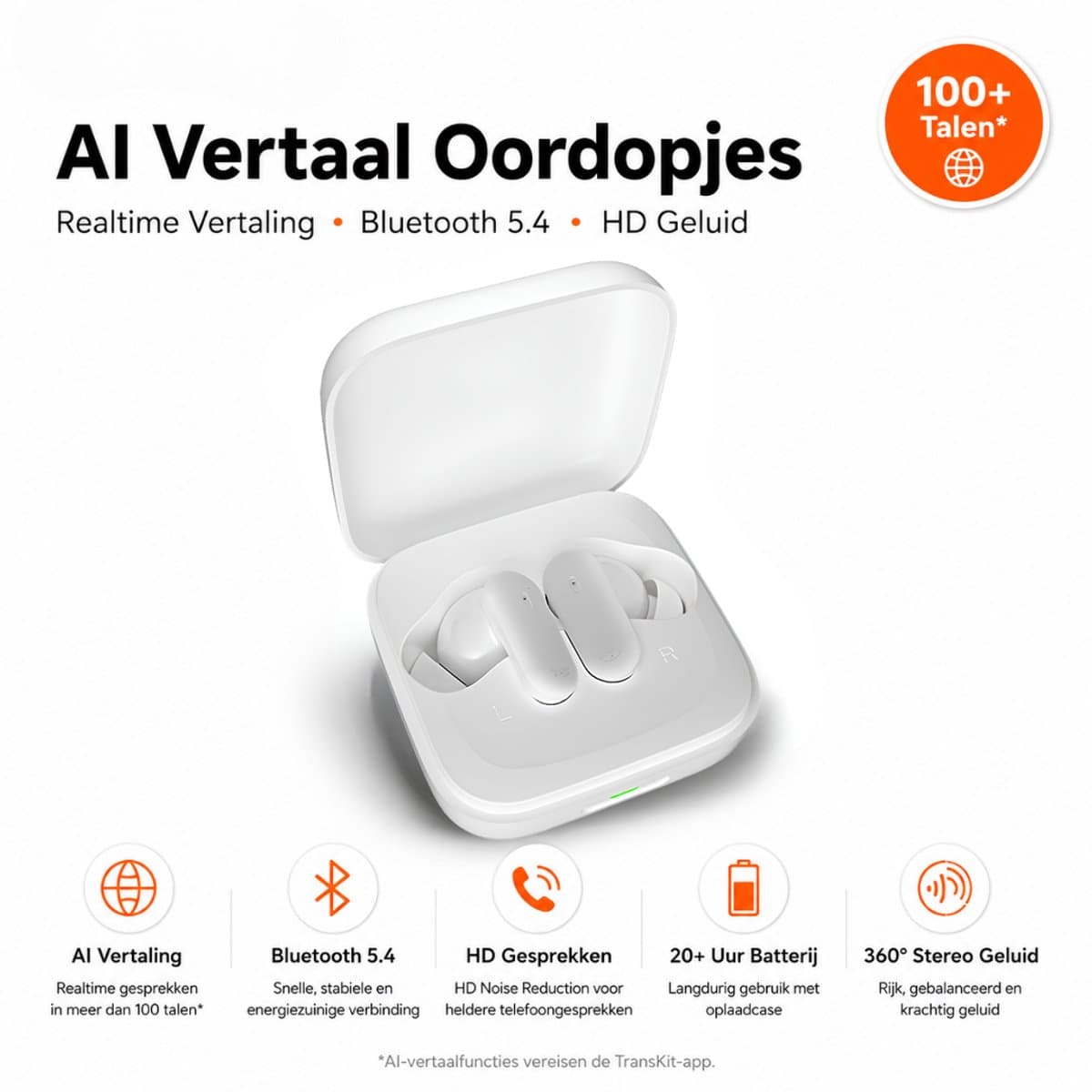 AI TWS Translator Pro Draadloze Vertaal Oordopjes - Real-Time AI Vertaling via TransKit App - Bluetooth 5.4 - HD Noise Reduction - 360° Stereo - USB-C - Witte — afbeelding 1