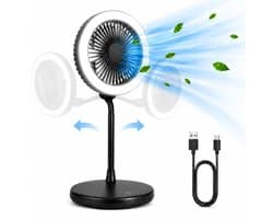 Tafelventilator met LED Licht - Bureauventilator met Verlichting - 3 Snelheden - Statief Ventilator met Flexibele Kop - Fan with LED Light - Mini Fan - Ventilator Staand met Draad - Desk Ventilator - Kleine Airco Verkoeler - Zwart - Silvergear