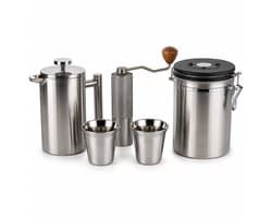 My Green Deal RVS Koffieset – French Press 600 ml – Handmatige Koffiemolen – Koffiebus 1,8 L – 2 Koffiebekers