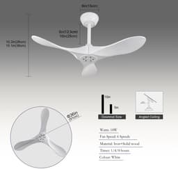 Plafondventilator 36 inch wit met 3 massief houten bladen - afstandsbediening - 6 snelheden met omkeerfunctie - geheugenfunctie - modern design - zonder verlichting — thumbnail 2