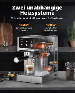 Espressomachine 20 Bar – Cappuccino & Latte Machine - Dubbelboiler Koffiemachine (1350W & 1000W), Extractie in 15s, Roestvrij Staal - Afneembaar Waterreservoir 1,8L - Touchscreen — thumbnail 5