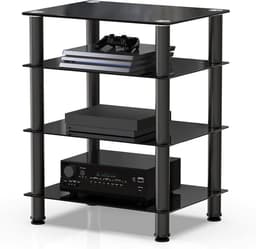 FITUEYES - 4-laags HiFi-meubel - Gehard Zwart Glas met Aluminium Frame - In Hoogte Verstelbare Planken - Geschikt voor platenspeler en versterker — thumbnail 1