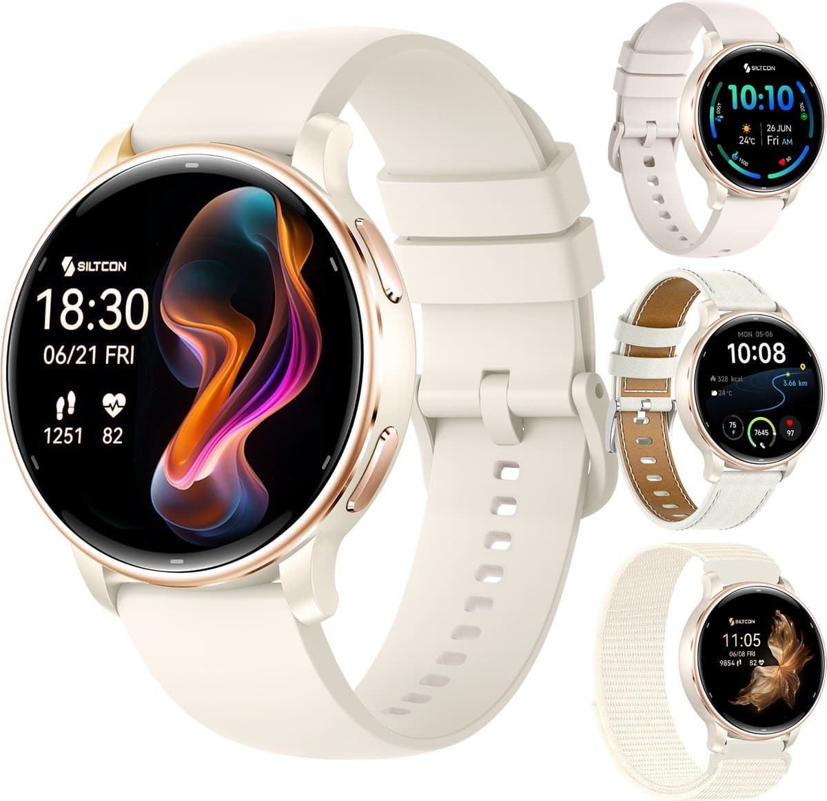 Siltcon® Auréa Pro - GPS Smartwatch Dames Beige Champagne Gold- Horloge Dames - Stappenteller Horloge Dames - Sporthorloge Dames - Hartslagmeter - Slaapmonitor - Saturatiemeter - Belfunctie - Universeel - AMOLED - RVS - Elke pols - Strava - 4 Bandjes — afbeelding 1