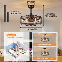 Plafondventilator met verlichting retro industrieel stil met afstandsbediening timer zwart metalen kooi 46 cm — thumbnail 2