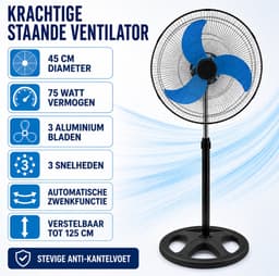 Staande Ventilator 45 cm 75W – 3 Snelheden – Oscillerend – Verstelbare Hoogte – Zwart — thumbnail 3