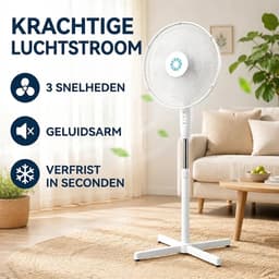 Archi Witte Staande Ventilator – Ventilatie - 3 Snelheden – Stille Ventilator ≤50 dB – Verstelbare Hoogte – Kruisvoet — thumbnail 3