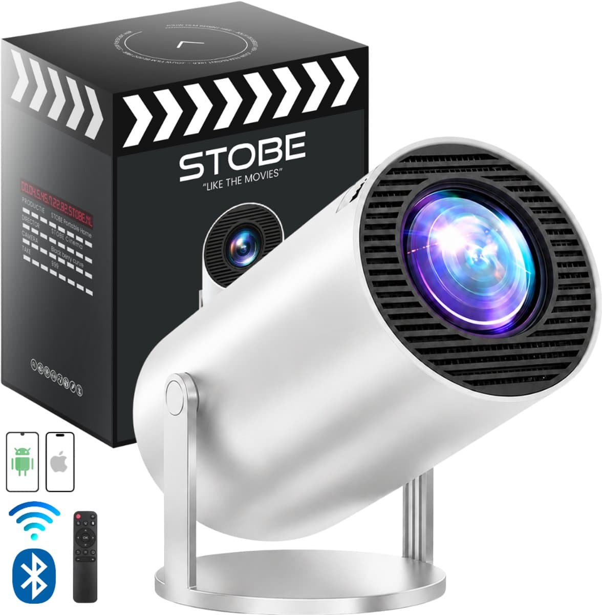 STOBE LIKE THE MOVIES - Mini Beamer thuisbioscoop - Alles-in-één Smart TV Projector - Draagbaar - 4K Support - Full HD - WIFI - Bluetooth - Geschikt voor Apple & Android streaming- Gsm beamer- Smart beamer - Plafond beamer — afbeelding 1