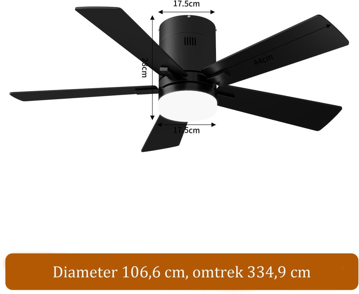 2-in-1 Plafondventilator, LED-Plafondventilator, 3 Instelbare Kleuren, 6 Snelheden, 5 Bladen, Timerfunctie, Geschikt voor Zowel Winter als Zomer, Ideaal voor Meer Comfort (Zwart, 107 cm) — afbeelding 1