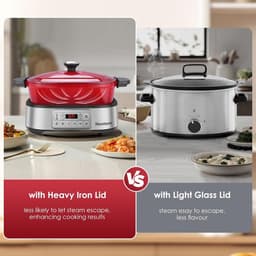 Multicooker - Rood - 5,5 Liter - Afneembare Emaille Pan met Keramische Antiaanbaklaag - Voor Langzaam Koken en Braden — thumbnail 5