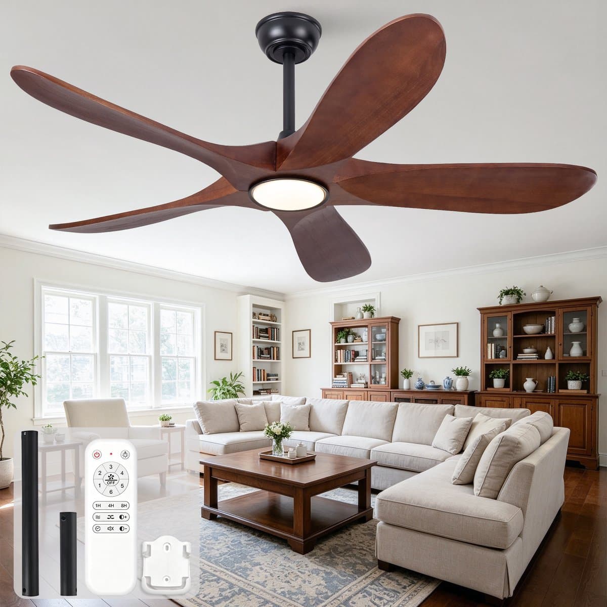 52 inch Plafondventilator - Met verlichting en afstandsbediening - 3 kleurtemperaturen en dimbaar - Zes snelheidsstanden - Stille werking - Vijf massief houten bladen — afbeelding 1