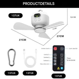 SSTRWGOOD Oplaadbare plafondventilator geschikt voor kamperen - met verlichting - USB-voeding - met timer - 8000mAh draagbare ventilator - plafondventilator geschikt voor buiten - Geschikt voor buitenruimtes, tuinhuisjes, terrassen — thumbnail 2