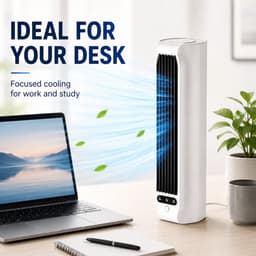 Tafelventilator Wit - Tower Fan - Mini Ventilator - Air Cooler Desktop - USB Ventilator - Stille Koelventilator - Met Telefoonhouder - 3 Snelheden — thumbnail 2