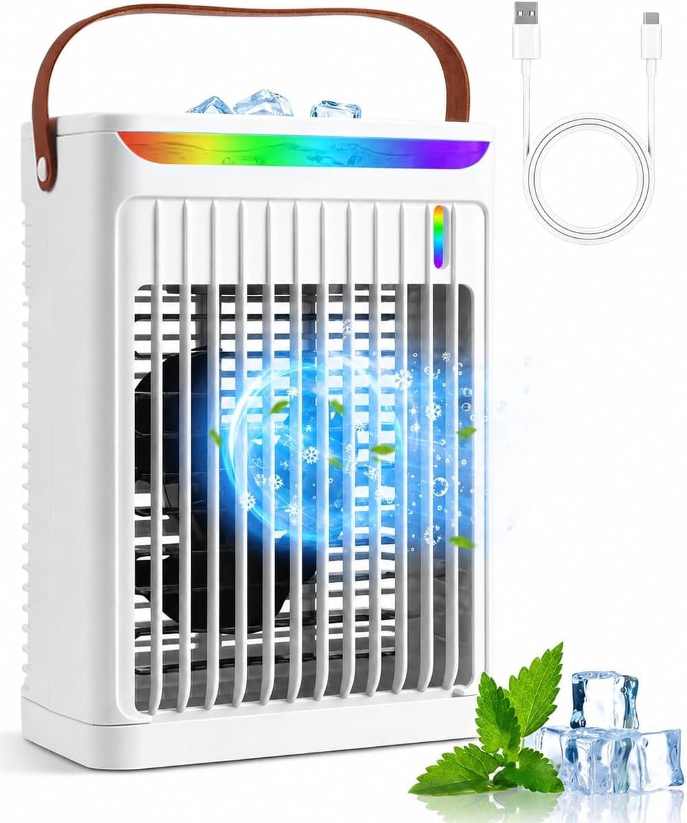 Luchtkoeler - Draagbare airconditioner - Met handvat Persoonlijke Koeler - Watertank van 680 ml - Met 5 ventilatorsnelheden en 2 nevelstanden en 7 kleuren Sfeerverlichting - Met 2/4/6 uur timer - Voor slaapkamer en kantoor - Wit — afbeelding 1