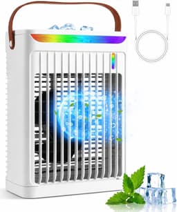 Luchtkoeler - Draagbare airconditioner - Met handvat Persoonlijke Koeler - Watertank van 680 ml - Met 5 ventilatorsnelheden en 2 nevelstanden en 7 kleuren Sfeerverlichting - Met 2/4/6 uur timer - Voor slaapkamer en kantoor - Wit — thumbnail 1
