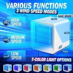 Draagbare luchtkoeler – 3-in-1 draagbare persoonlijke airconditioner – Watertank van 500 ml – 3 ventilatorsnelheden & ledverlichting in 7 kleuren – Ventilator met verdampingskoeling (USB-voeding) – Geschikt voor kamers, bureaus en kantoren – Blauw — thumbnail 3