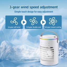 Aircooler met water of ijs-aircooler met koelelementen- 3 snelheden en verdampingskoeling - LED-verlichting in 7 kleuren - Timer van 2-8 uur - met luchtbevochtiger - voor gebruik in de slaapkamer of op het bureau - wit - 13x13x23 cm — thumbnail 5