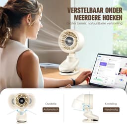 Kleine USB Tafelventilator met Clip, Mini Ventilator met Oplaadbare Batterij, Oscillatie, Timer, Traploze Snelheid & Fluisterstil – Clipventilator voor Bureau, Bed, Kantoor, Tafel & Kamperen — thumbnail 5