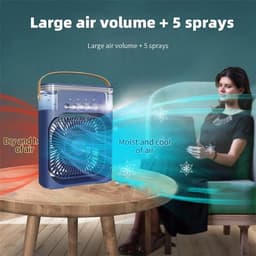 Draagbare USB-miniairco-ventilator voor op het bureau met vernevelaar, aromadiffuser, luchtbevochtiger, timer, automatische uitschakeling, draaifunctie, 7-kleuren-led en stille werking – Voor thuisgebruik - blauw — thumbnail 2