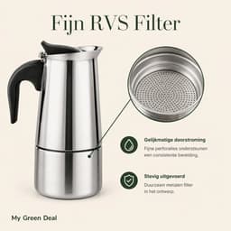 My Green Deal RVS Percolator Set 600 ml – Inductie – 2 Espressokopjes 80 ml – Espresso Schenkkan 100 ml – 4-delige Koffieset — thumbnail 4