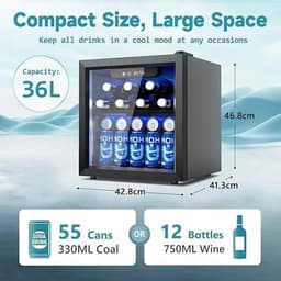 Joorly Mini Koelkast - Minibar - Drankkoelkast met glazen deur - Minibar voor 55 blikjes - met LED en temperatuurregeling - Wijn en bier koelkast - 43×41×47 cm - Zwart- RVS — thumbnail 2