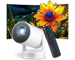 videoprojector 2026, mini-projector, ondersteunt 4K met wifi 6 en Bluetooth 5.4, Android 14, 180 graden draaibaar, 12000 lumen, geïntegreerde 5 W hifi-luidspreker, thuisbioscoop, wit
