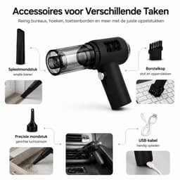 Autostofzuiger Draadloos Nat & Droog - Mini Handstofzuiger en Kruimeldief - Compacte Kruimelzuiger met Opzetstukken - Voor Auto-interieur, Stoelen, Vloermatten en Kieren - Zwart — thumbnail 3