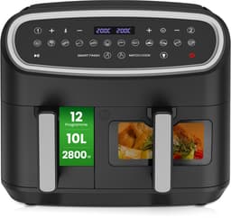 Airfryer 10L met dubbele mand 6L + 4L, 2800W, 12 kookprogramma’s, LED-touchscreen, kijkvenster en microstoomfunctie, 50–200°C, olievrije XXL heteluchtfriteuse voor grote gezinnen, zwart — thumbnail 1