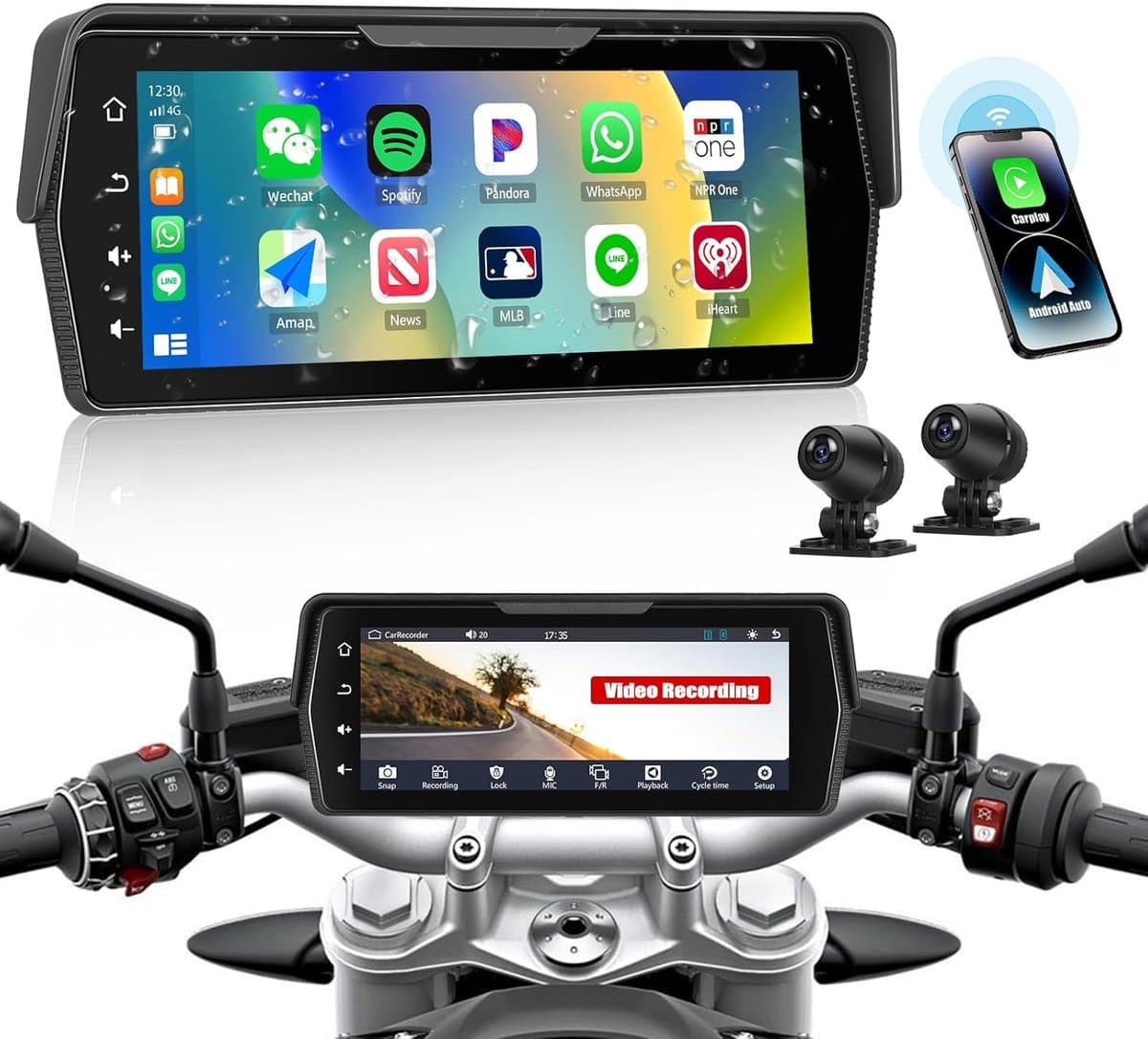 SnelShoppen - Motorfiets Dashcam met Dubbelfunctie, 6.86'' HD Touchscreen, IP68 Waterdicht, Bluetooth & WiFi, Carplay en Android Auto, Voor Voor- en A — afbeelding 1