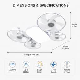 Plafondventilator met Lamp en Afstandsbediening - Fitting Ventilatorlamp met 4 Koppen - Dimbare LED Socket Fan Light met 3 Snelheden - Stille Plafondventilator voor Slaapkamer en Woonkamer - Wit — thumbnail 4