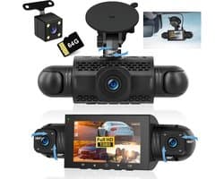 SnelShoppen - 4-kanaals auto dashcam 1080P met 64GB SD-kaart, 3 inch IPS-scherm, groothoek, IR-nachtzicht, G-sensor en lusopname voor optimale veiligh