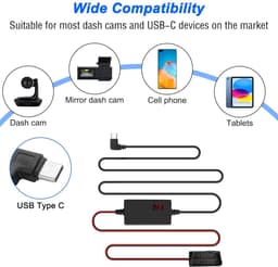 SnelShoppen - OBD2 OBD OBDII Power Kabel voor Dash Camera - Type C Oplaadkabel met 24-Uur Bewaking - 16Pin Hardwire Kit - 3.1M — thumbnail 4