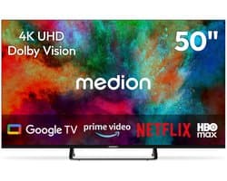 MEDION 125.7 cm 50" Ultra HD TV Smart TV 4K Dolby Vision HDR Prime Video Disney+ Compatibel met Google TV PVR Bluetooth, MD850401 | Dolby Vision HDR, Prime Video, Disney+, kompatibel mit Google TV, PV