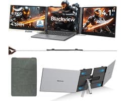 Blackview DCM6 14" Dubbele Draagbare Monitor – Extra Laptopscherm 13-17.3" – Uitbreidingsscherm – Dual Screen – IPS Full HD – Plug & Play – 3x USB-C – Inclusief Kabels & Beschermhoes – Grijs