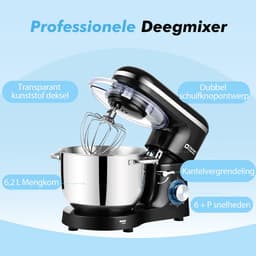 SnelShoppen - Keukenmachine 6,2 L Staande Mixer 1400W - Deegmixer met Planetaire Mengtechniek, Menghaak, Deeghaak, Garde - Zwart, Perfect voor Keuken, — thumbnail 2