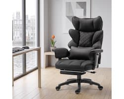 Dowinx Ergonomische Bureaustoel / Gamingstoel – Pocketveren Zitkussen – Dubbel gevoerde Rugleuning & Verstelbaar Lendenkussen – Met Armleuningen en Voetensteun – PU-leer – Zwart