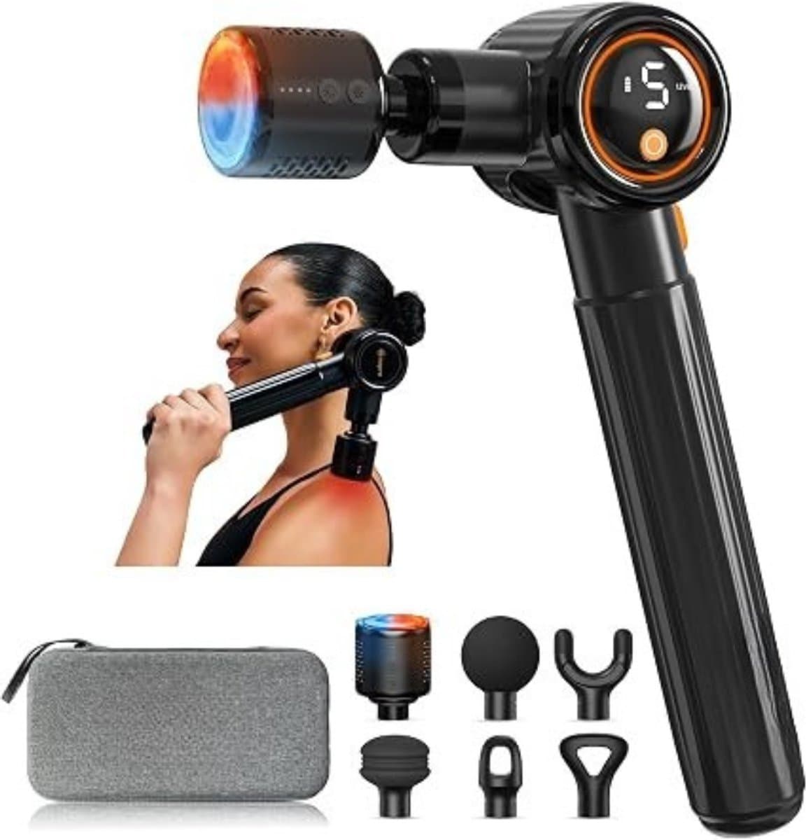 Thuys - Massage Gun met Warmte & Koeling – 5 Snelheden – 10 mm Massagebereik – 6 Massagekoppen – 15W USB-C PD – LCD Display – Zwart — afbeelding 1