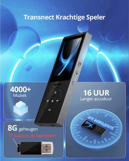 TRANSNECT® - MP3 Speler/MP4 - Bluetooth - met 8GB Geheugenkaart- Ondersteuning tot 128 GB - HiFi Oordopjes - Zwart — thumbnail 2
