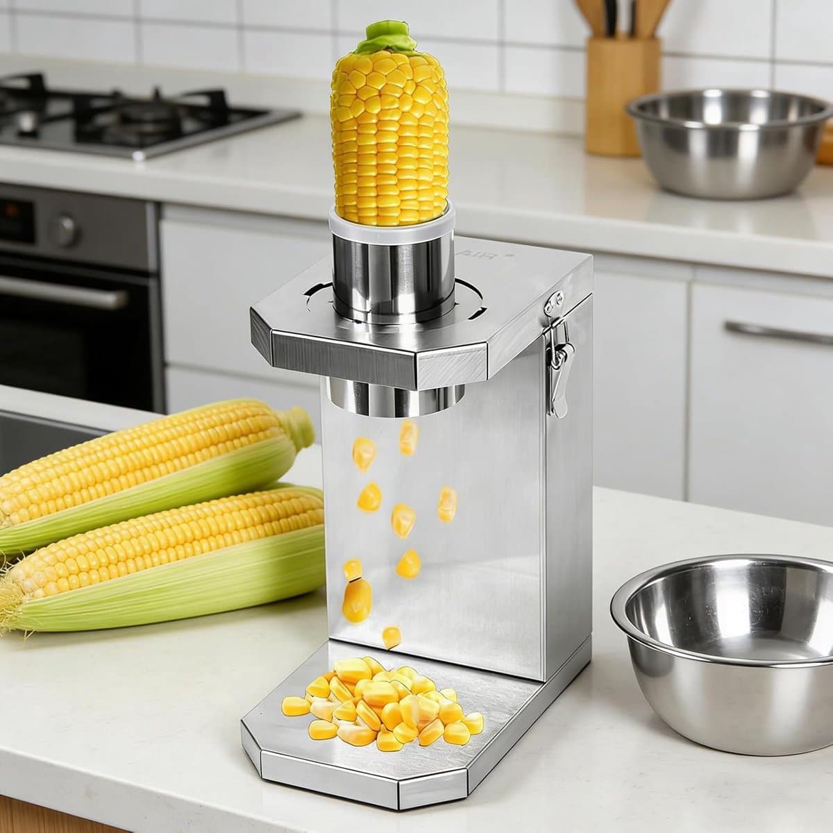 Maïsschiller Roestvrijstaal - Maïs Dorser - Gemakkelijk Maïs Bereiden - Automatisch One-Touch Dorsen - 33 cm Hoog - Zilver — afbeelding 1