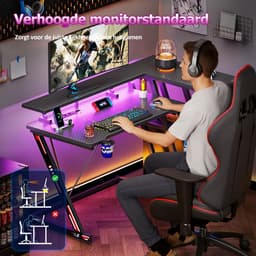 Gaming Bureau met LED Verlichting - 100L x 88H x 65B cm - L-Vormig Hoekbureau met Stopcontact - Met USB en Type-C-poort - Met Bekerhouder & IJzeren Haak - Gaming Desk - Computer Tafel - Gaming Tafel met Monitorstandaard - 3 Laags Opbergrekken - Zwart — thumbnail 4