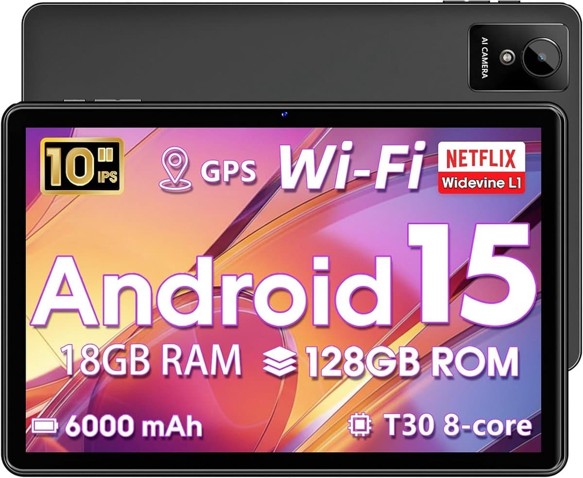 Tablet 10 Inch – Android 15 – 18GB RAM – 128GB Opslag – Octa-Core – 6000mAh – WiFi 5 — afbeelding 1